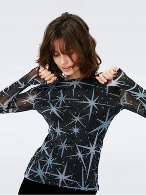 DVF Diane Von Furstenberg Logan Metallic Mesh Top w/ Stars Blue Medium Like New
